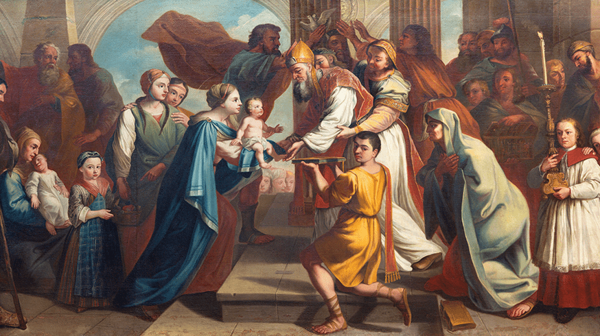 Ilustração de Maria e Nazaré e muitas pessoas ao redor do Menino Jesus