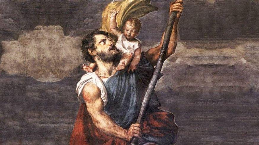 Ilustração realista de São Cristóvão com o Menino Jesus nos ombros