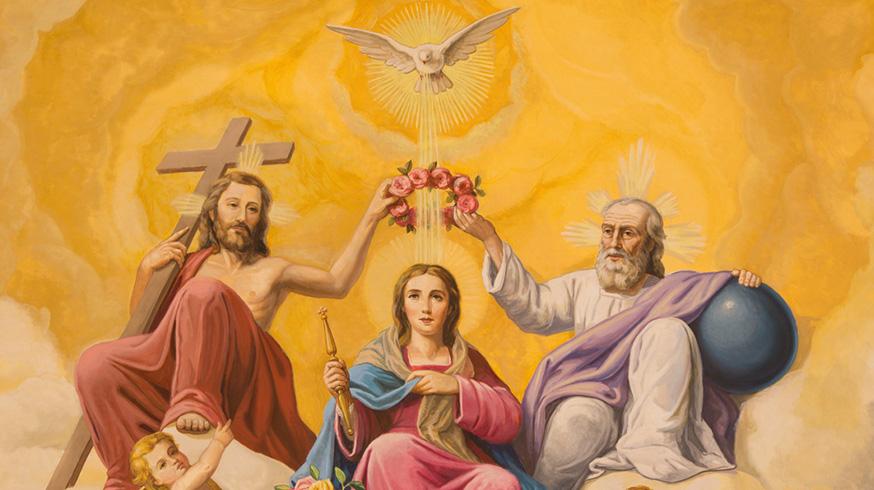 Ilustração de Maria recebendo a coroa de flores de Jesus e Deus diante do Divino Espírito Santo