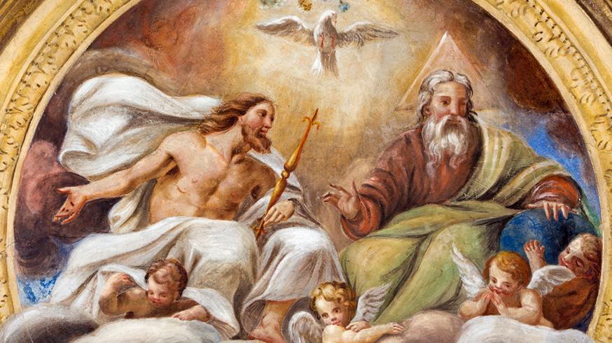Ilustração de Jesus e Deus sentados diante do Divino Espírito Santo
