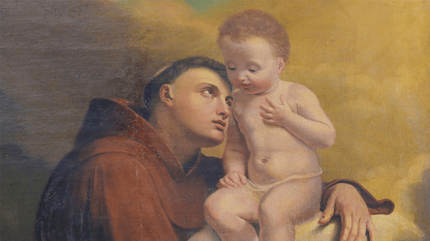 Ilustração à óleo de Santo Antônio com um bebê em mãos